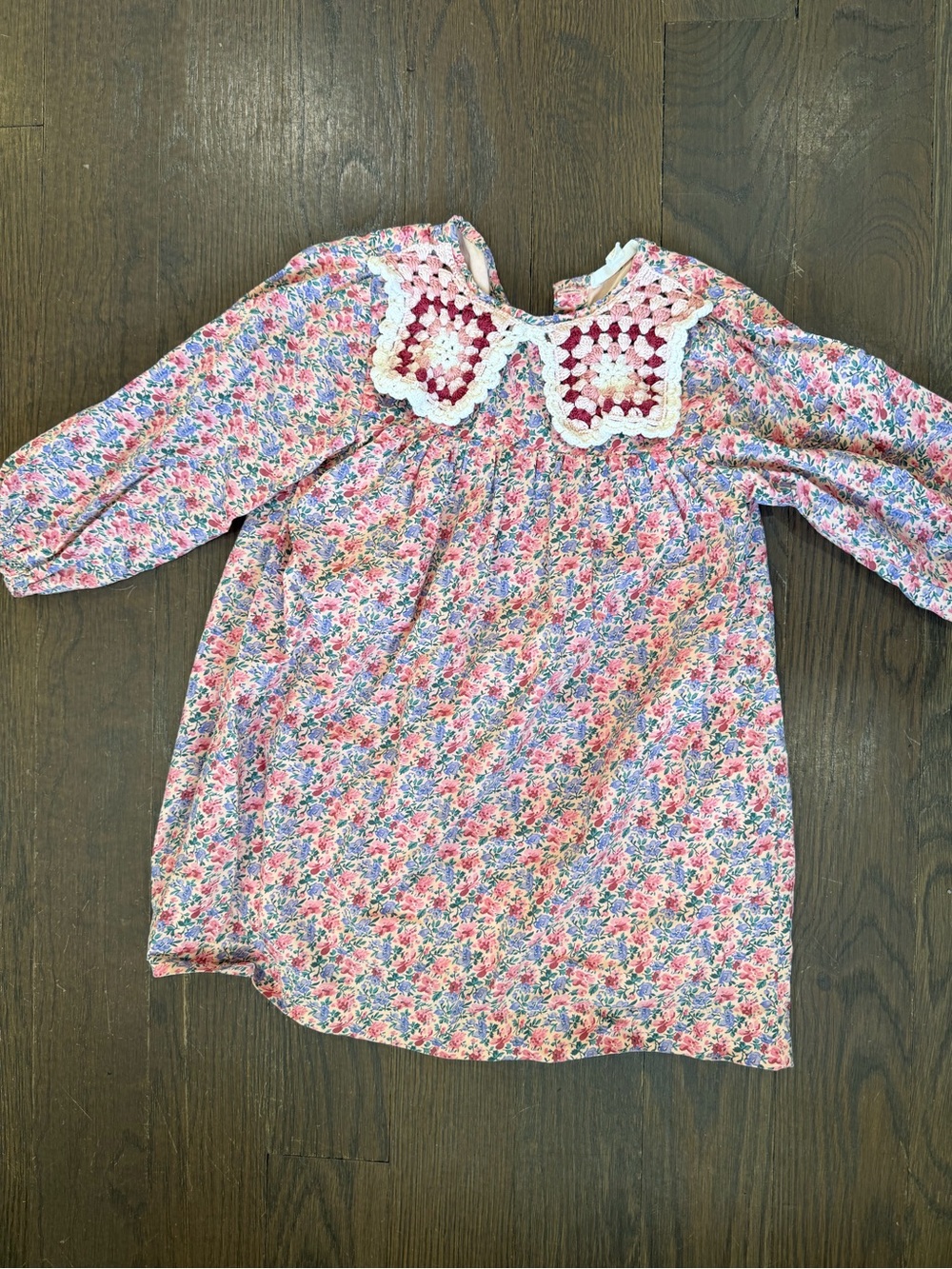 Girls Floral Long Sleeve Dress with Crochet Collar